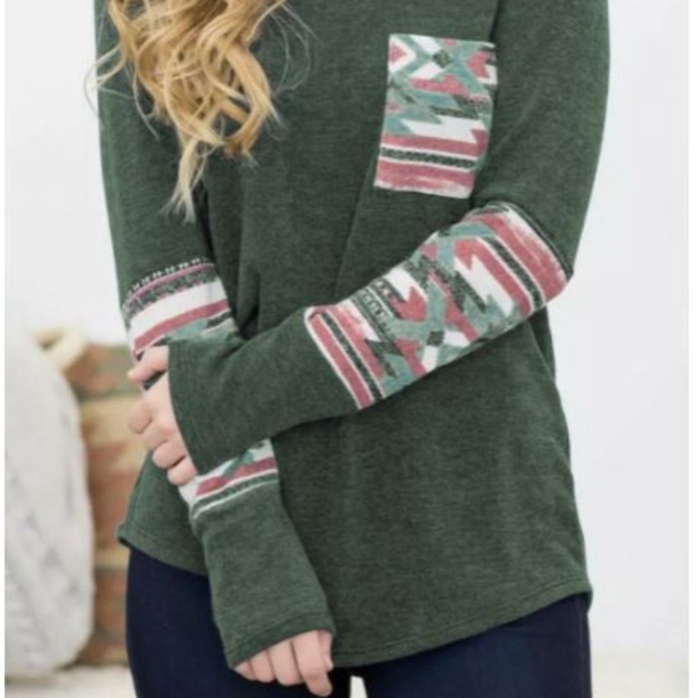 Green Aztec Patchwotk Long Sleeve Top - Picture 3 of 4